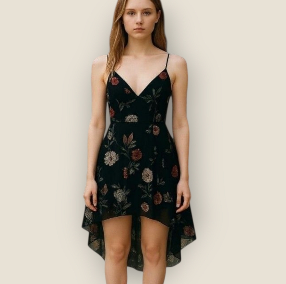 Floral High-Low Slip Dress - Black